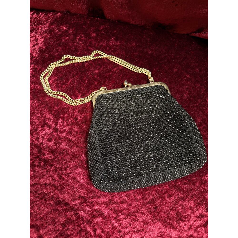 VTG 1950s Gems by George Black Beaded Evening Purse Gold Chain Strap SEE DETAILS